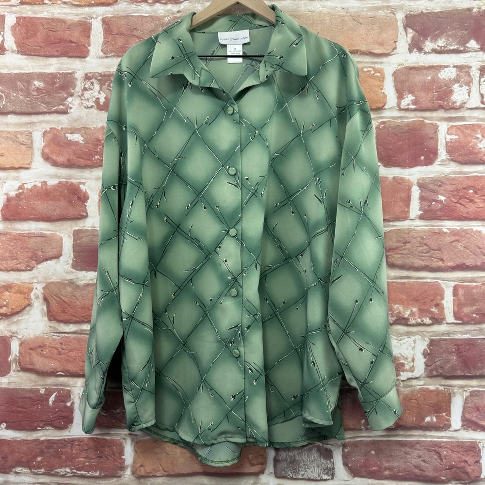 Susan Graver Top Women's 2X Green Floral Argyle Diamond Casual Career Shirt